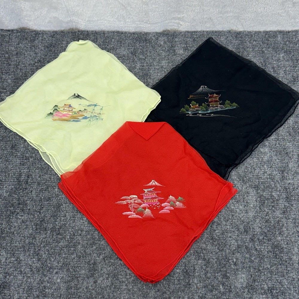 VTG Japanese Chiffon Scarf Handkerchief LOT OF 3 Hand Painted Mount Fuji Pagodas